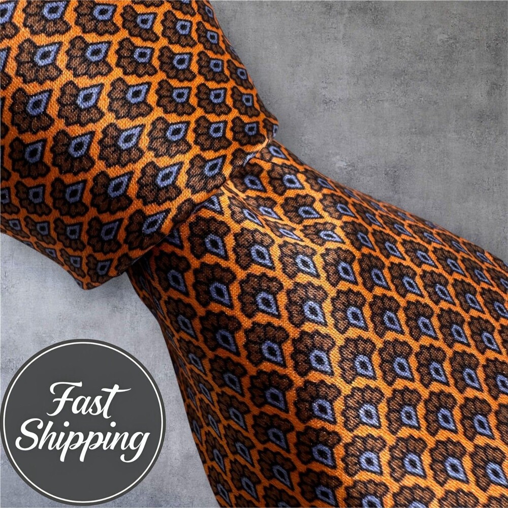 ROBERT TALBOTT Tie Geometric 100% Silk Necktie Orange/Blue/Brown Floral
